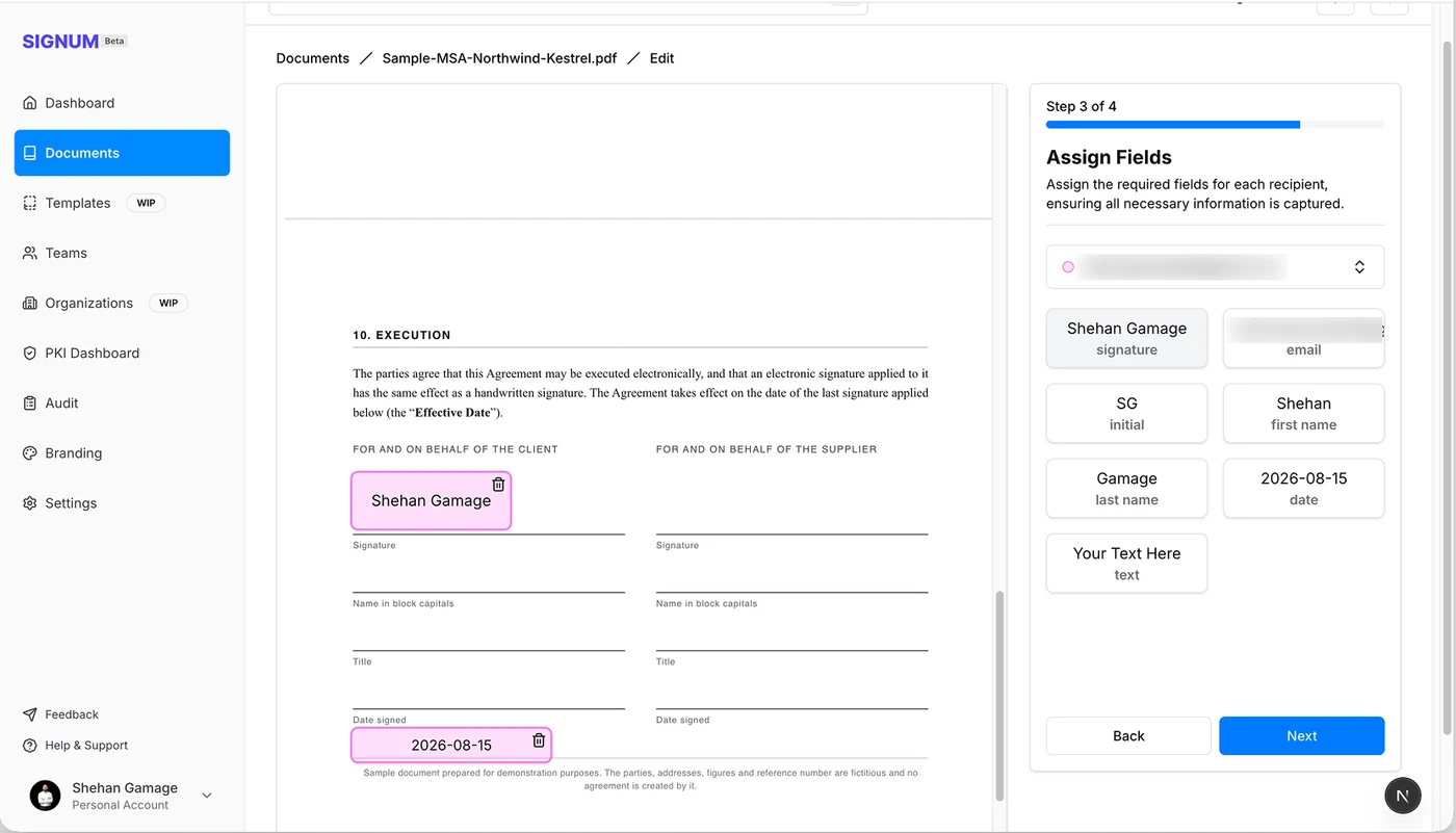 Signum document editor — signature and date fields placed on an agreement, with the field palette alongside