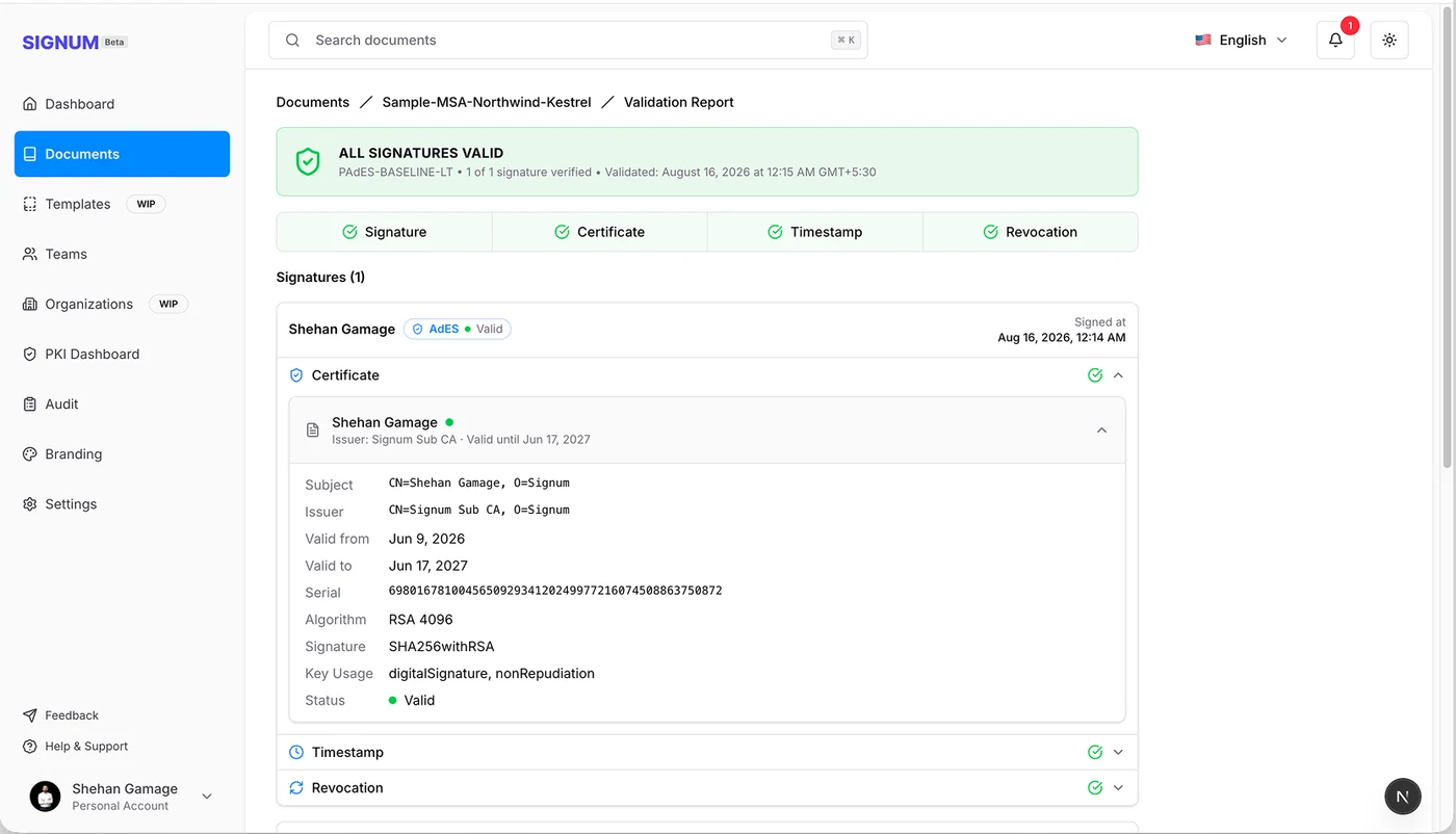 Validation report showing all signatures valid, with signature, certificate, timestamp and revocation each checked, and the certificate subject, issuer, serial and key usage expanded
