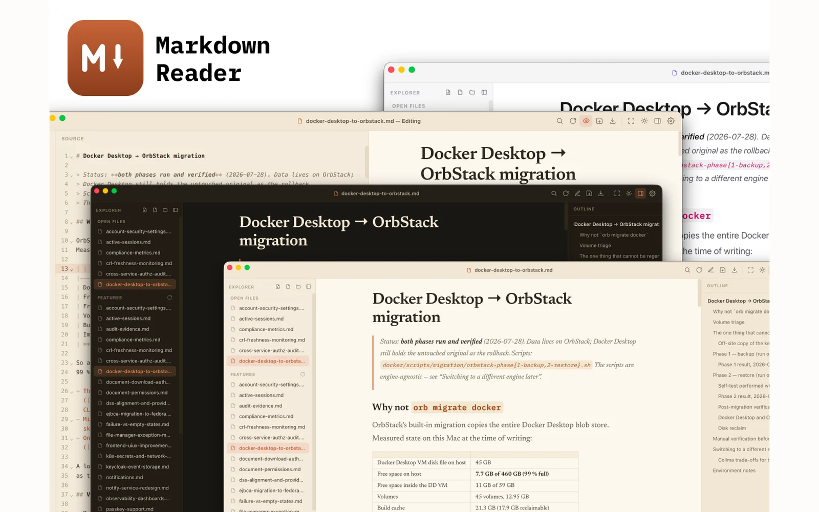 Markdown Reader in edit mode — markdown source on the left, live rendered preview with a table on the right